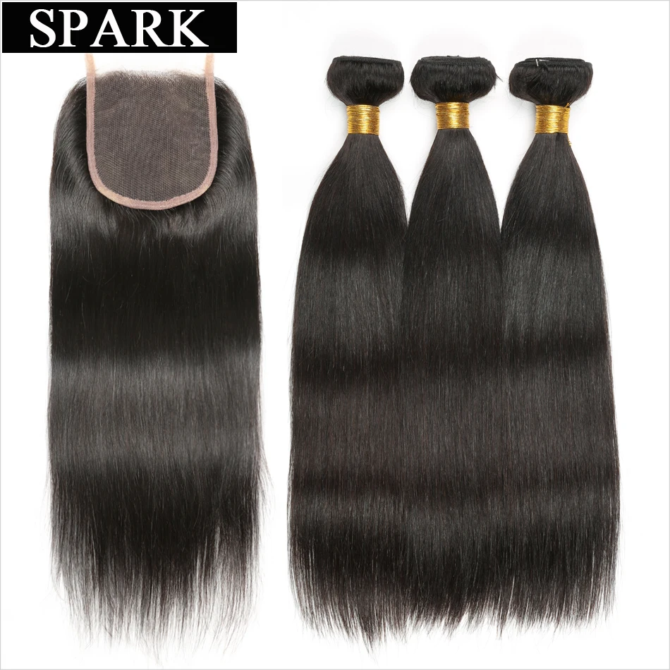 Spark прямые волосы бразильские волосы remy плетение пучки 100% человеческие волосы 3/4 пучки с закрытием натуральный черный цвет бесплатная часть