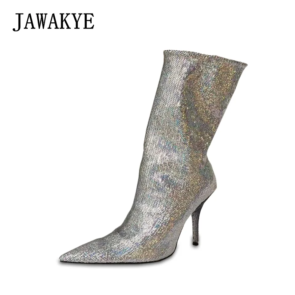 JAWAKYE/Шикарные ботильоны носки эластичные туфли на тонком высоком каблуке с
