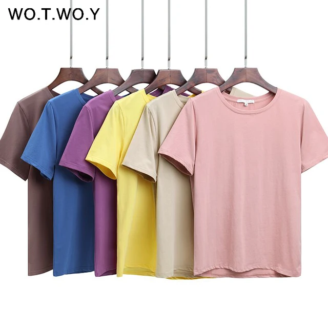 US $7.99 WOTWOY 2020 Summer Cotton T Shirt Women Loose Style Solid Tee Shirt Female Short Sleeve Top Tees O-