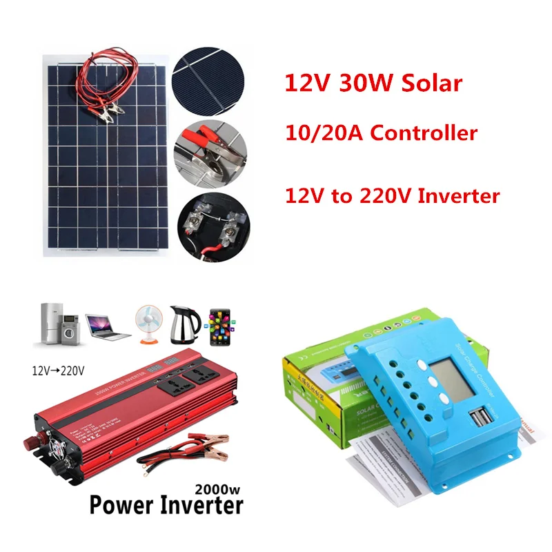 

2000W 12V Inverter with 30W Solar Panel 10A 20A Controller 12v 220v Converter DC 12 v to 220v Veicular Car Power Inverter