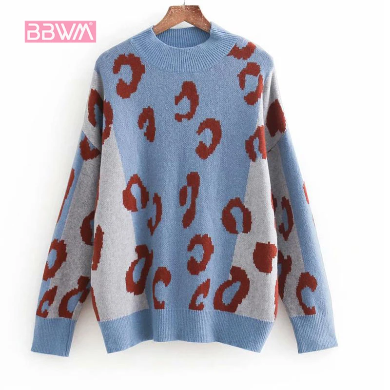 

Korean version of the leopard print loose head high collar long sleeve 2018 winter new fashion popular women's sweater Keep warm