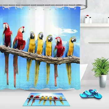 

LB Flock of Red And Blue Yellow Macaw Perching on Dry Tree Branch Shower Curtain Bathroom Fabric For Art Nature Bathtub Decor