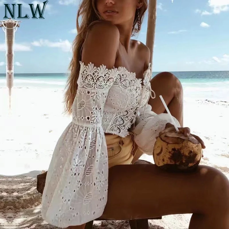  NLW 2019 White Lace Off Shoulder Women Blouse Shirt Lace Up Lantern Sleeve Crop Top Blouse Sexy Sum