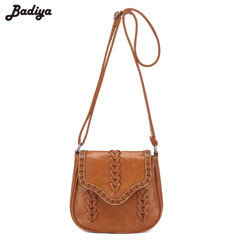 

Vintage Hollow Out Women Messenger Bag Knitting Leather Shoulder Bags Solid Lady Handbags Portable Crossbody Bags Print Saddle