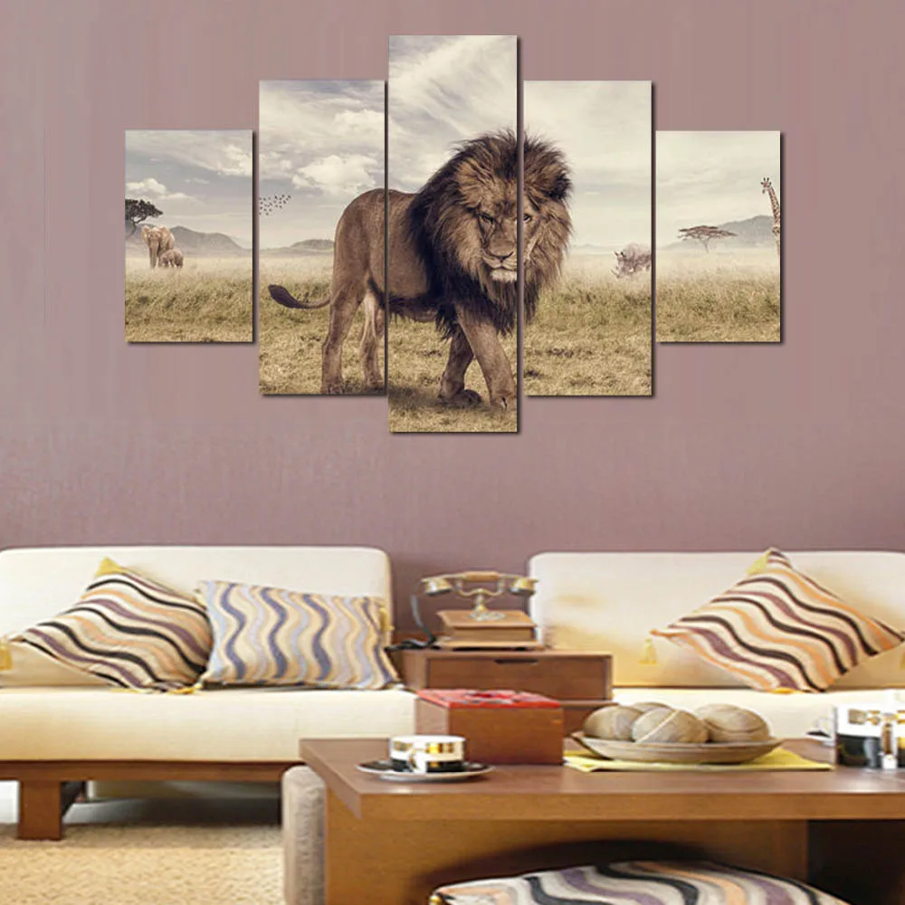 5 Pieces Wall Art Printed Animals Lion Group Painting Room Decor Print Poster Picture Canvas Unframed | Дом и сад
