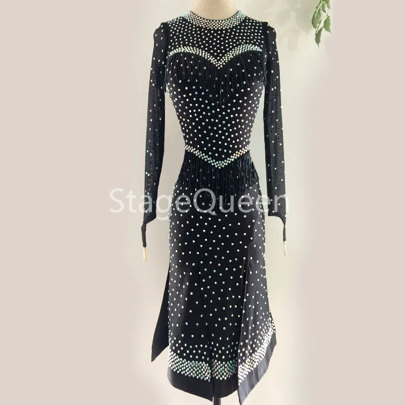 

Customizable Black Sparkly Rhinestones Women Latin Dance Dress Long Sleeves Design Dance Ballroom Dancing Competition Dresses