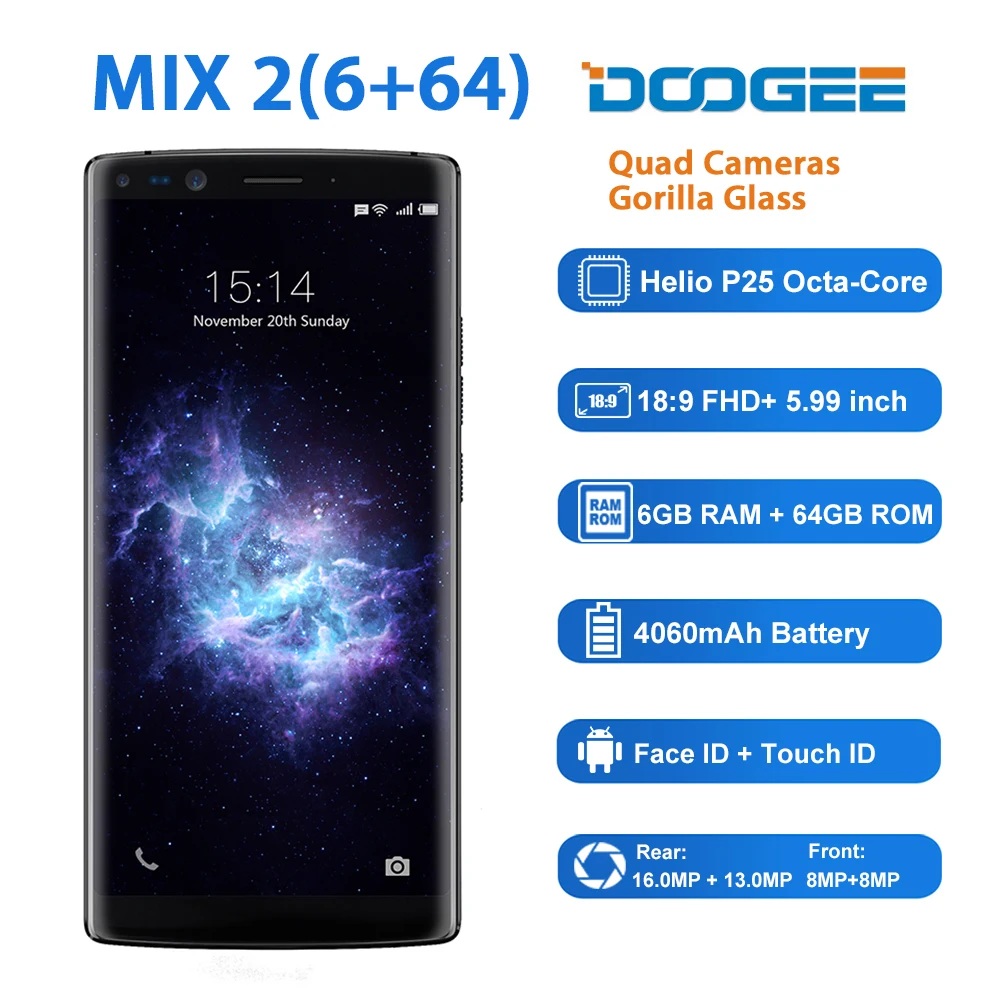 Doogee Mix 2 восьмиядерный смартфон 4 камеры 5 99 &quotFHD + 18:9 экран мобильный телефон 6 ГБ 64