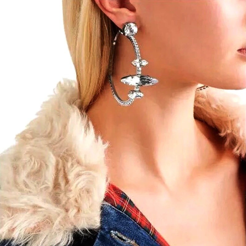 

New Fashion exaggerate Earring Crystal Rhinestone simple large Circle Silver Hoop Earrings Jewelry for Women accessories