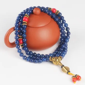 

Sennier 8mm 108 lapis lazuli beads Buddha prayer mala bracelet for Meditation,Blue stone with Red Coral women necklace