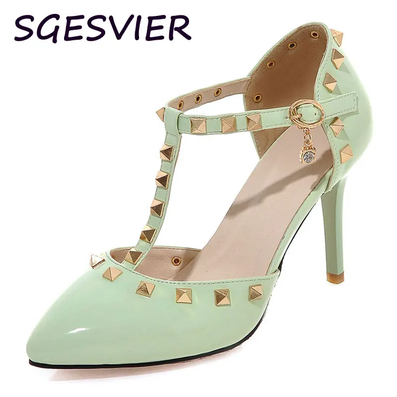 

SGESVIER Cover Heel Women Shoes Fashion Rivets Studs T-strap Ponited Toe Thin High Heels Sweet Party Wedding Shoes Ladies FS012