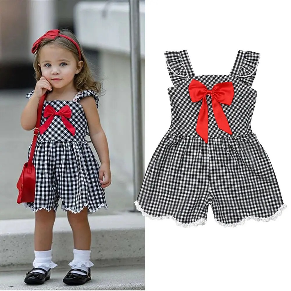 

Kids Girl Black Plaid Playsuits Outfits Summer Children Short Suspender Overalls Bowknot Jumpsuits Clothes