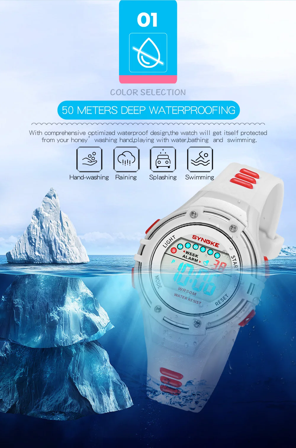 SYNOKE Clock Watches Girls Watches  Back Light Alarm 50m Waterproof Sport Watch for Children LED Display Kids Digital Watch Boys