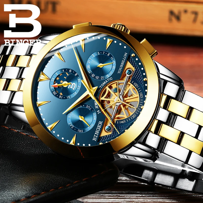 Tourbillon Men Top Luxury Brand Watches Automatic Mechanical Watch Stainless Steel Waterproof BINGER relogio masculino B-1188G