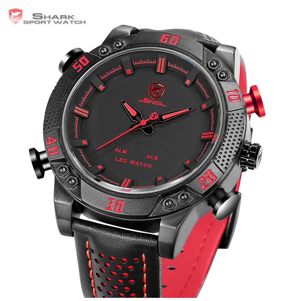 Kitefin Shark Sport Watch Brand Mens Military Quartz Red LED Hour Analog Digital Date Alarm Leather Wrist Watches Relogio /SH261