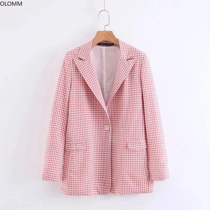 

Women's jacke fashion single buckle thin section pink small plaid suit jacket female 2019 summer new women's clothing