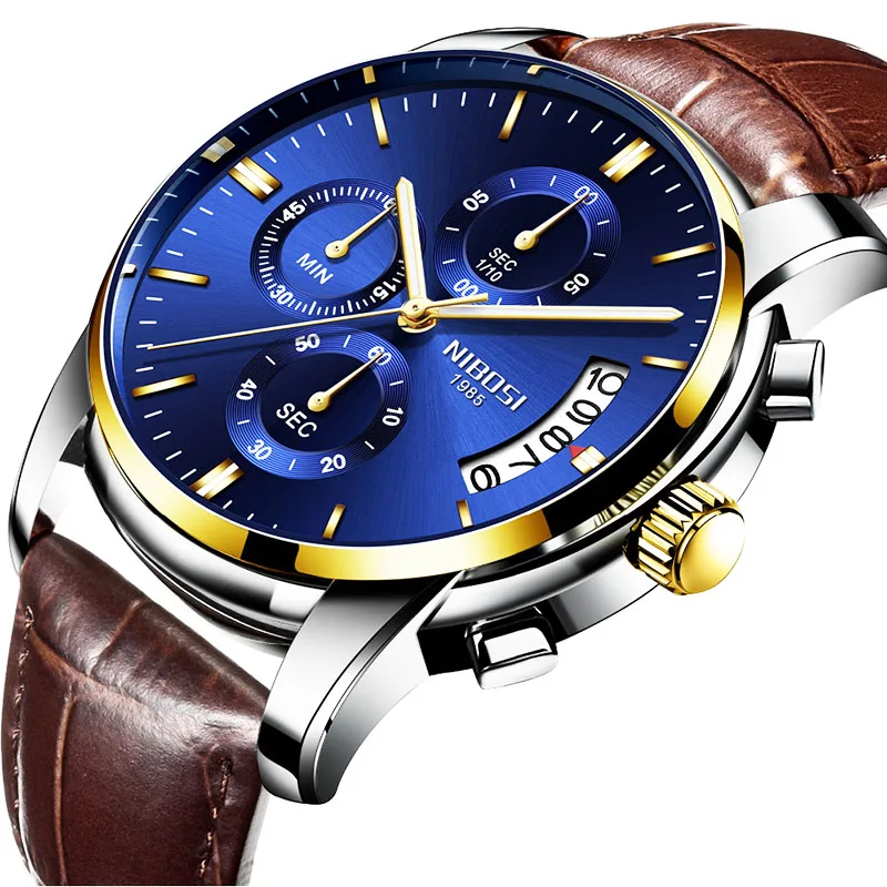 

NIBOSI Chronograph Gold Watch Men Casual Leather Luxury Clock Mens Watches Blue Quartz Watch Men Luxury Blue Relogio Masculino