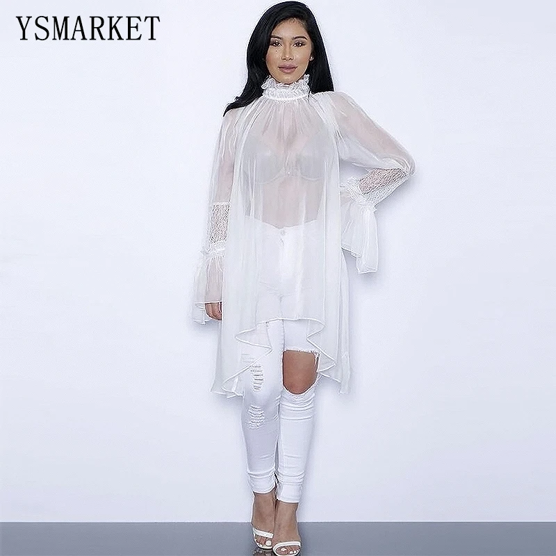 

New Stylish Sexy Women's Transparent Chiffon Rashguard Cover Up Spring Summer Long Sleeve Turtleneck Irregular Lace Dress Q540