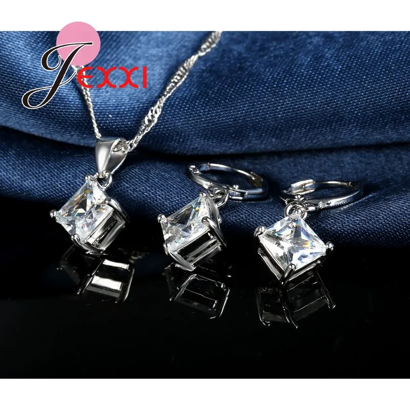 925 пробы Серебряный набор украшений для женщин серьги/кулон/ожерелье/кольцо с блестящим белым кубическим цирконием Bijoux набор