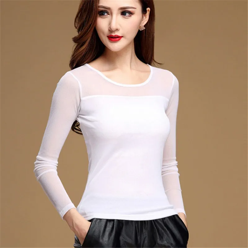 Womens Blouse Shirt Black White Sexy Long Casual Long Sleeve Lace Blusas Under Shirts Elastic Tops and Blouses Women New