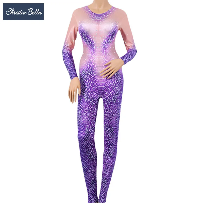 

Christia Bella Snake Printing Jumpsuit Sexy Stretch Elastic Bodysuits Women Party Halloween Cosplay Costumes Pole Dance Rompers