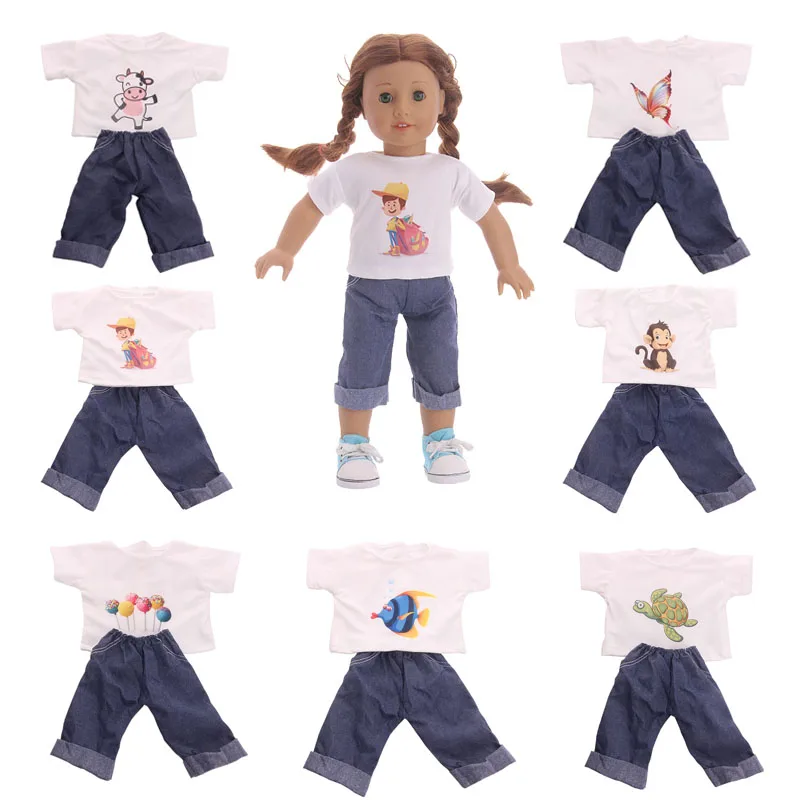 

7 Styles White T-shirt+jeans Fit 43cm Doll & 18inch American Doll Clothes Children Gift