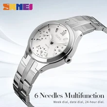 SKMEI 9132 Mode Femmes Quartz Montres 6 Aiguille Multi-Cadran Inoxydable Bracelet Montre 12/24 Heures Auto Date Semaines Dames montre-bracelet