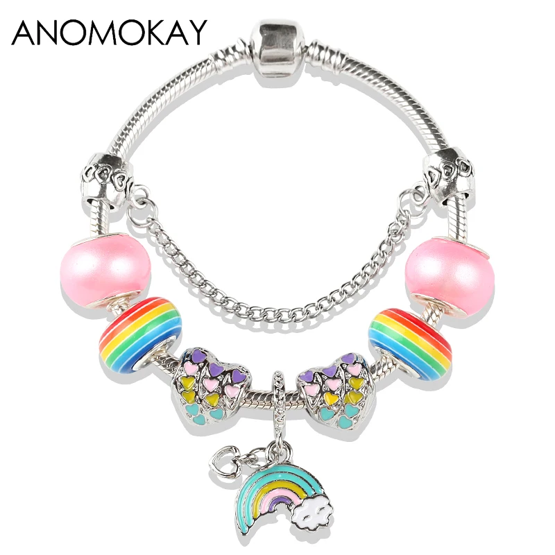 

Romantic Rainbow Enamel Pendant Bead Pan Bracelet Fine Crystal Glass Beads Bracelets for Women Original Diy Jewelry Making