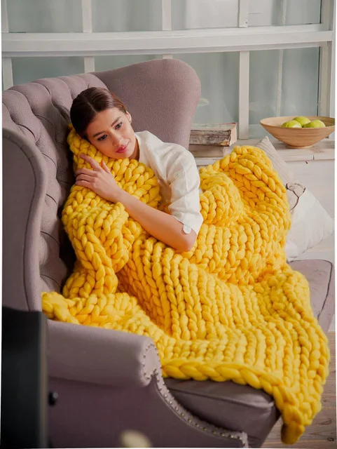 

Thin Fashion Hand Chunky Wool Knitted Blanket Thick Yarn Merino Wool Bulky Knitting Throw Blankets DropShipping 120x150cm