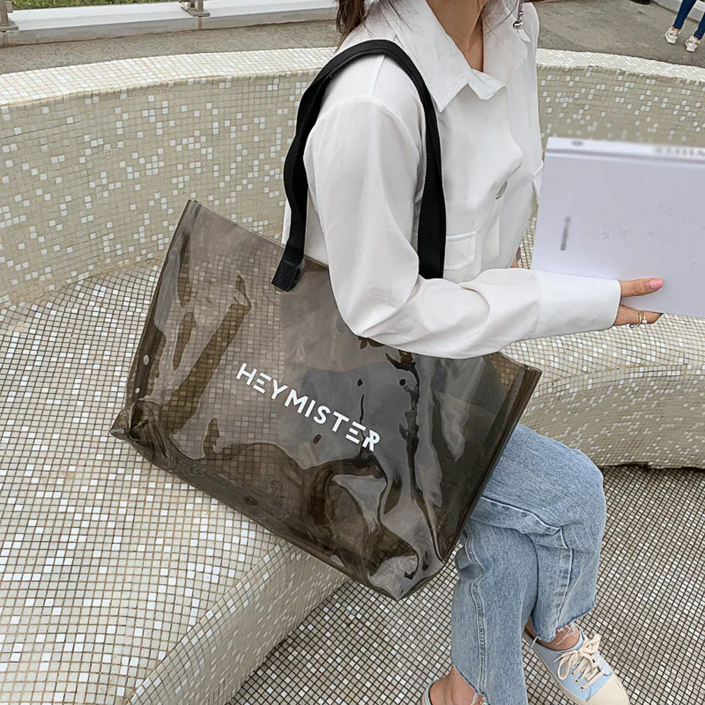 

2019 Summer Transparent Candy Beach Bag Large Capacity Shoulder Shopping Bag Solid Color PVC Ladies Letter Tote Handbag