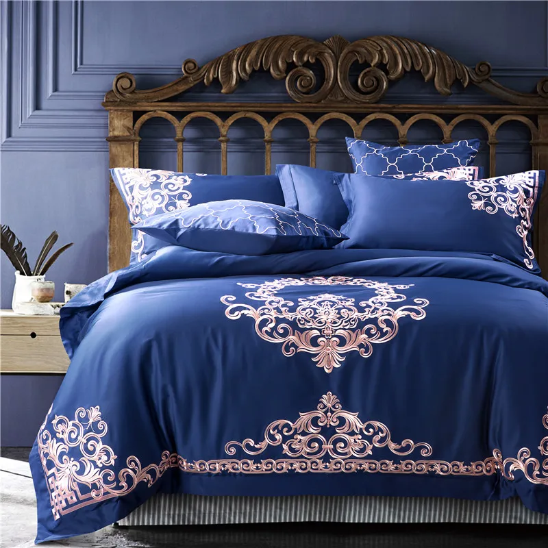 

Egyptian cotton Embroidery Royal Luxury Bedding Set 4/6/9Pcs King Queen blue Bed set Duvet Cover bed sheet Pillowcase