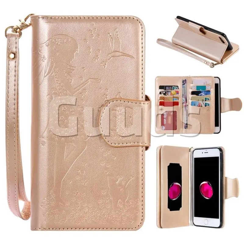 Embossing Cat Girl 9 Card Leather Wallet Case for iPhone 8 Plus / 7 Plus 7P(5.5 inch) - Gold