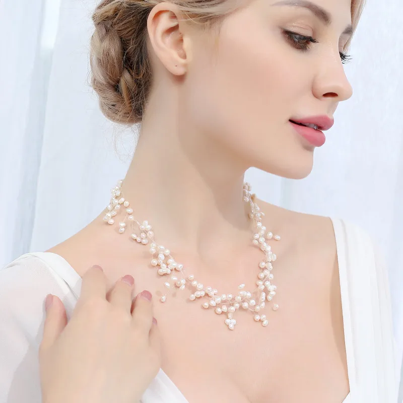 

DAIMI Wedding Necklace 4-5mm White Cultured Pearl Handmade Net Necklace Cute Jewelry Best Gift for Bride