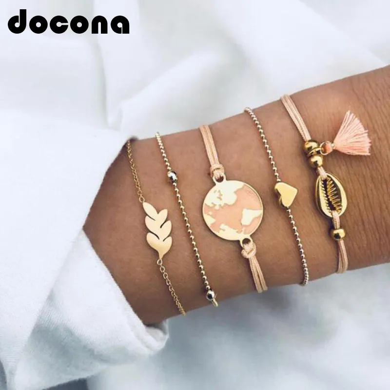 

docona Bohemian Gold Map Leaf Shell Bracelet Set for Women Girl Tassel Pendant Adjustable Layered Bracelets Bangles 4000