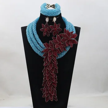 

Sky Blue Crystal Add Wine Flowers Necklace Nigerian African Wedding Bridal/Women Beads Necklace Jewelry Set Free Shipping ANJ259