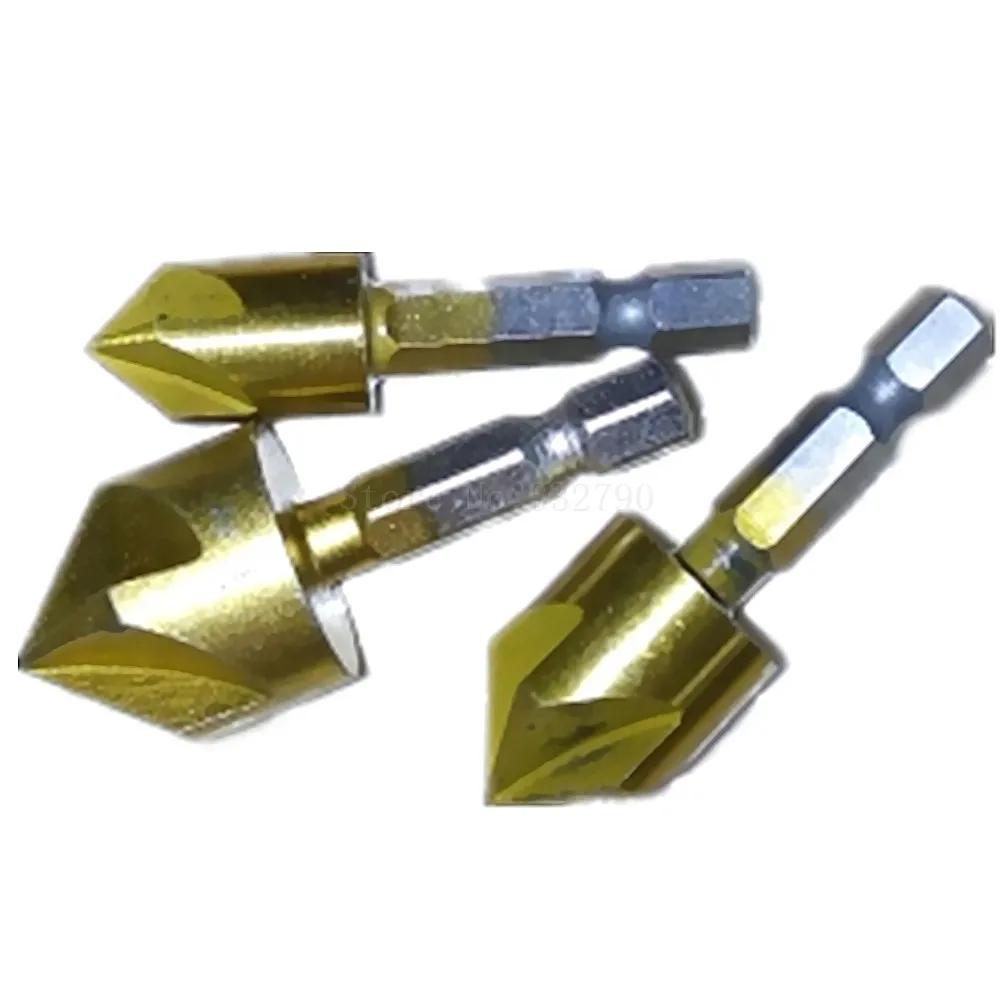 3pcs Titanium Coated Countersink 90 Degree Countersink Drill Bit 5 Flutes Wood Drill Bit Chamfer