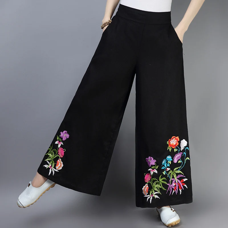 

Autumn Women Vintage Wide Leg Pant Casual Loose Embroidery Trousers Ladies High Elastic Waist Pants Pantalon Femme