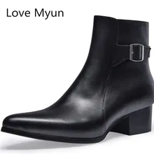 Осень зима новые мужские с острым носком натуральная кожа сапоги Обувь на высоком каблуке Мода пряжки дизайнерские черные ботильоны мужская обувь Botas