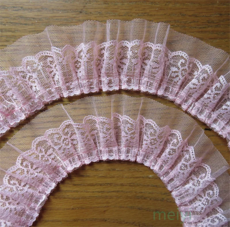 2 ярд розовый 2-слойный гофрированный органзы вышитый кружевной отделкой ленты Ткань DIY для костюма собрал свадебное платье Швейное Ремесло