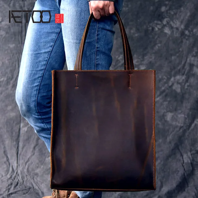 AETOO RClassic European and American style handmade leather tote bag men and women handbag large ...