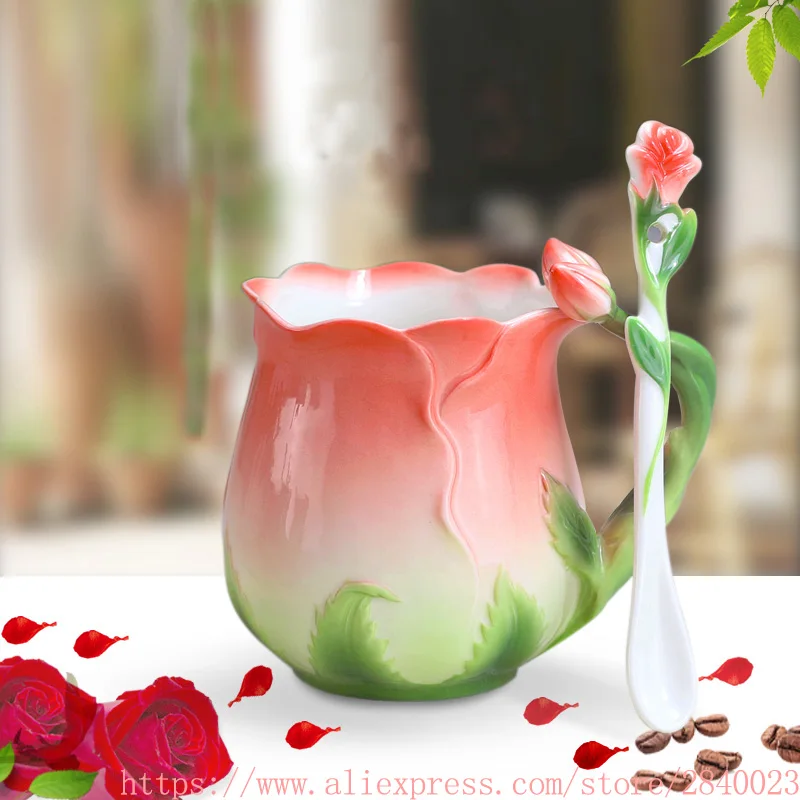 

3D Rose Enamel Coffee Mug Tea Milk Cup Set With Spoon Creative Ceramic European Bone China Drinkware for Friend Gift