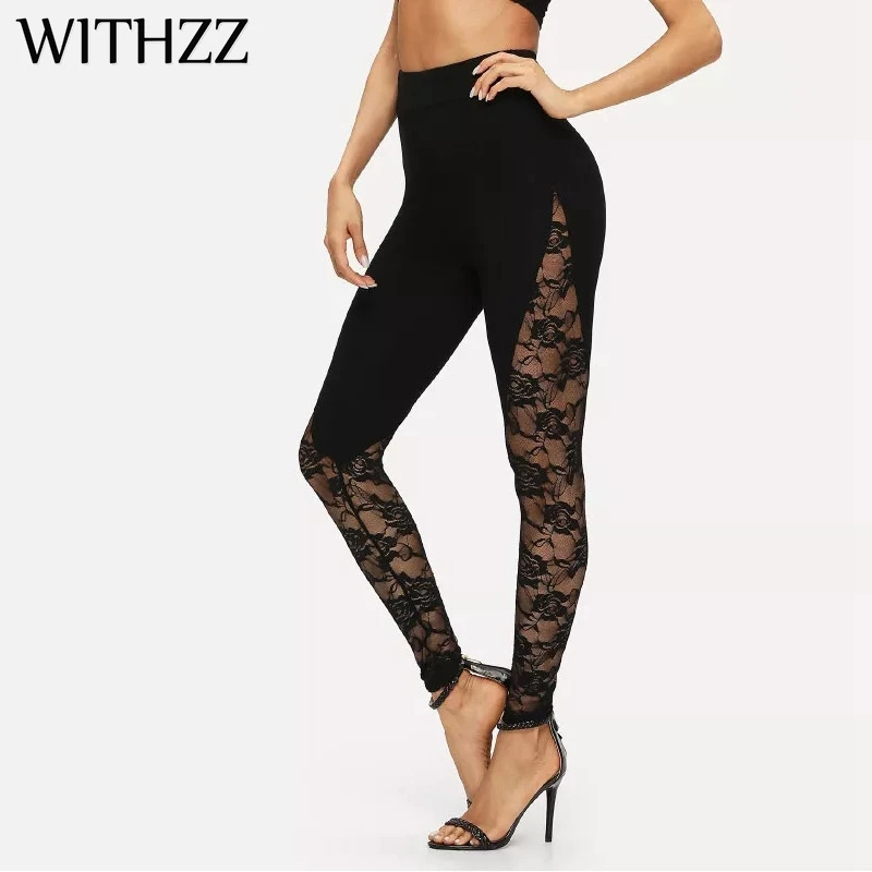 

WITHZZ Black Stitching Lace Sexy Openwork Leggings Women Leggins Elbows for Fitness Legging Legins Workout Tayt Active Wear