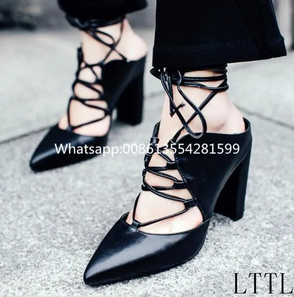 Sexy Pointed Toe Fashion White Black Leather Ankle Strap Gladiator Sandals 2017 Summer New Cross-Tied Women Thick Heels Pumps