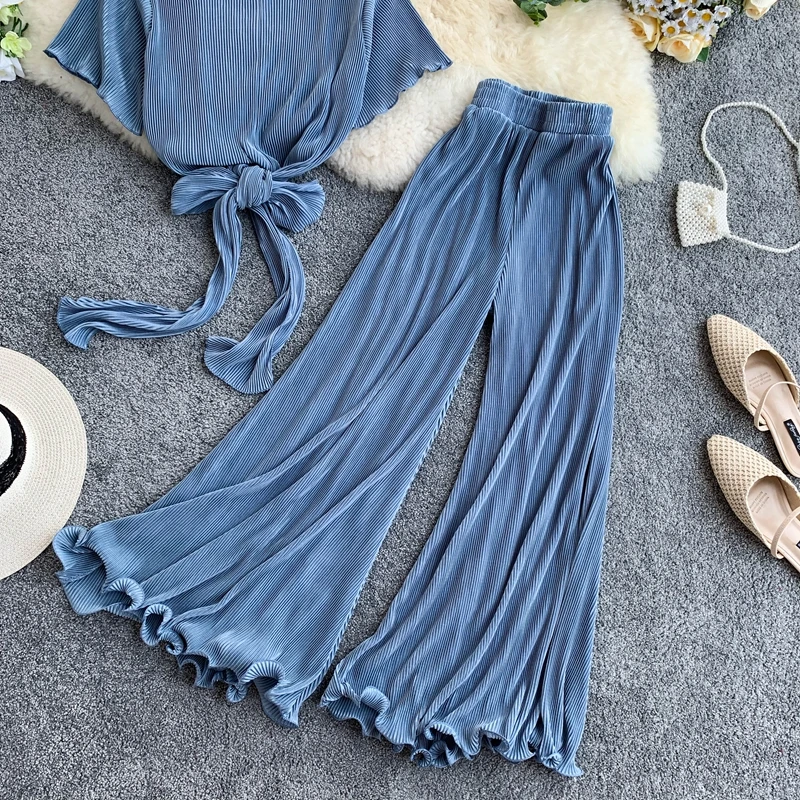 Amolapha/женская блузка с расклешенным рукавом и бантом + плиссированные брюки