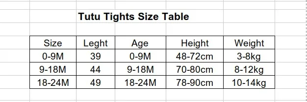 tutu tight size table