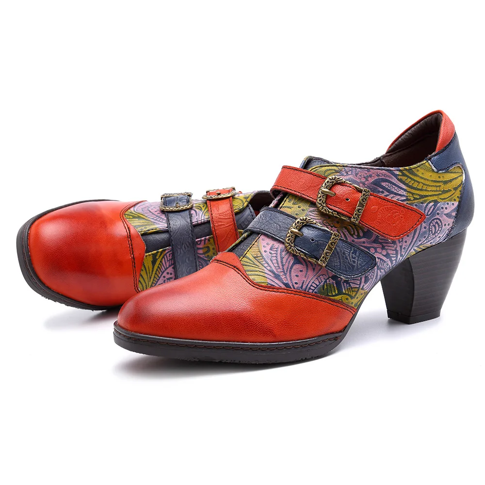 New Buckle Strap Heels Pumps Handmade Mixed Colors Casual Footwear Genuine Leather Comfortable Mother Shoes Woman Large Size 42 (6)