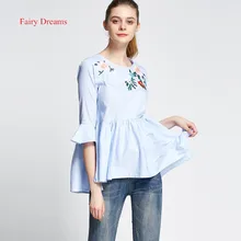 Fairy Dreams Women Shirt Flowers Embroidery Blue Blusas 2017 Spring Summer Butterfly Sleeve Blouses Plus Size Casual Clothes