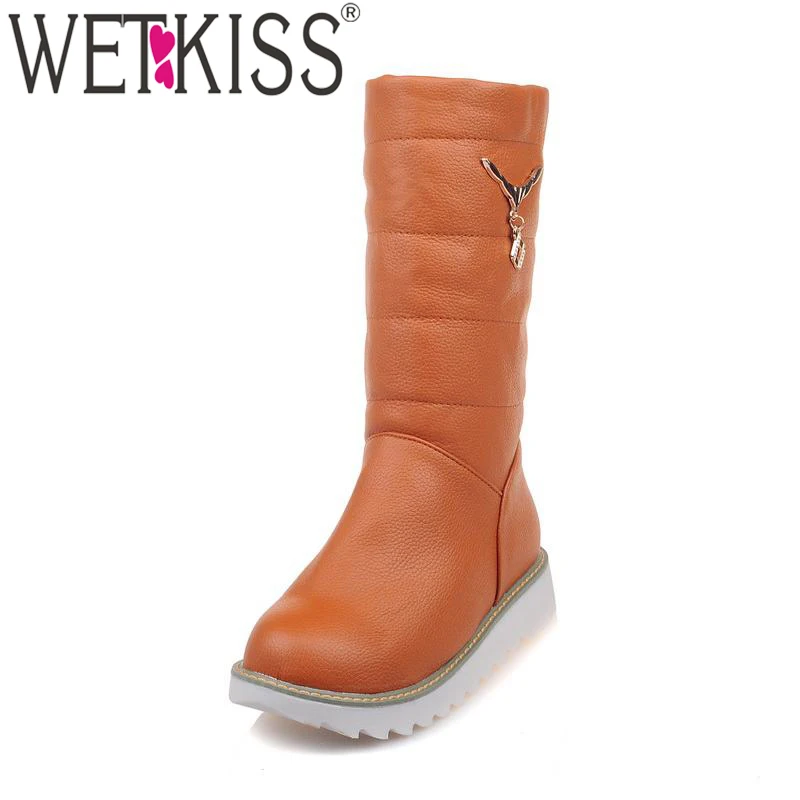 WETKISS Big Size 33 44 Metal Charm Platform Slip On Snow Boots Plush Russia Warm Winter