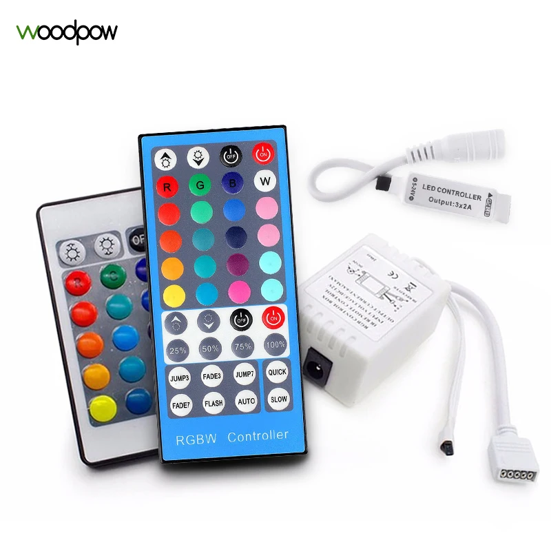 

Woodpow 5Pin 40Key RGBW Controller Remote Control DC 12V IR Dimmer 4Pin 24Key RGB Connector For SMD 5050 2835 LED Strip Lights