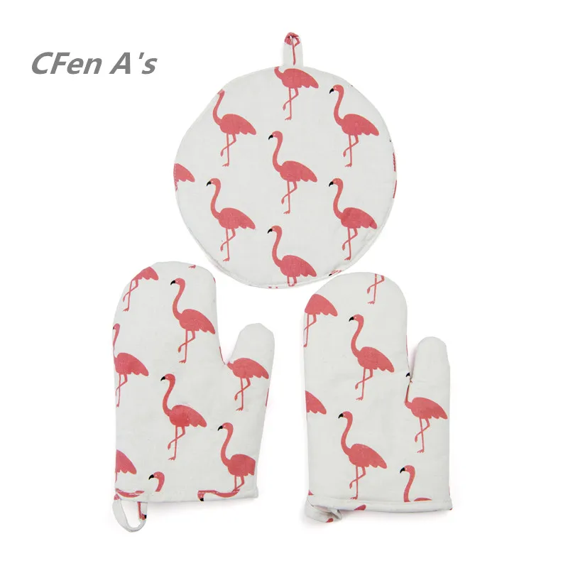 

CFen A's Simple Flamingo Quality One Pair Kitchen Gloves+1pc Potholder Hot Mat Dining Table Mat Set Of 3 Cotton Place Mat Cloth