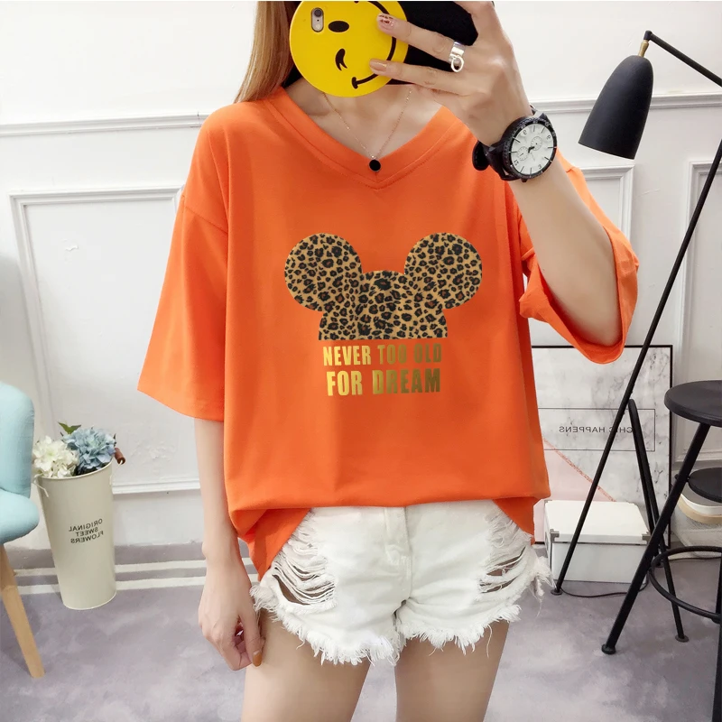 2019 الصيف جديد المرأة تي شيرت لطيف الكرتون ليوبارد طباعة المحملة قميص فضفاض عارضة الإناث المتناثرة Kawaii الملابس 2019 الصيف جديد المرأة تي شيرت لطيف الكرتون ليوبارد طباعة المحملة قميص فضفاض عارضة الإناث المتناثرة Kawaii الملابس